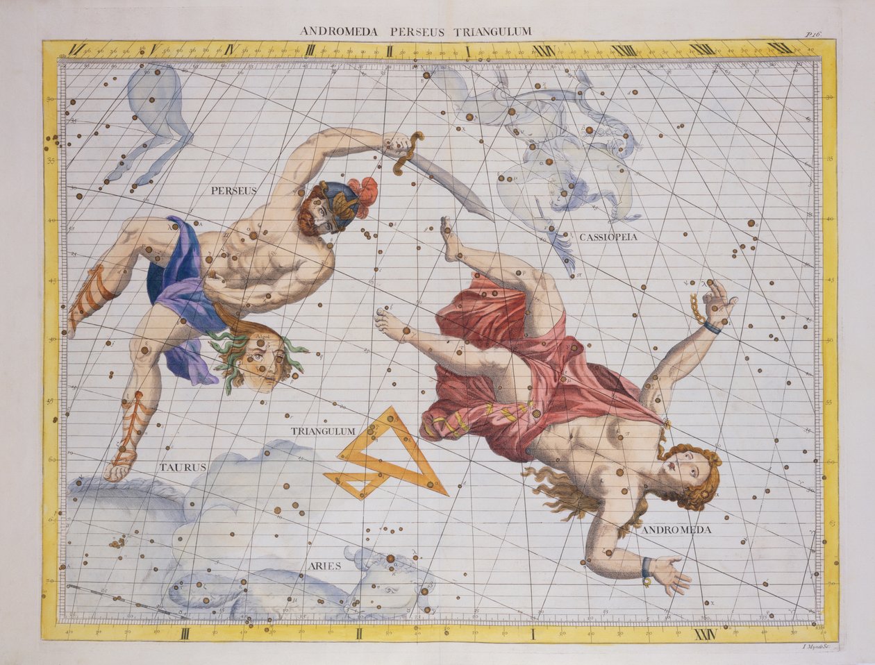 英仙座和仙女座的星座，来自&39;Atlas Coelestis&39;，作者John Flamsteed（1646-1719），酒吧。在1729年（手工彩色雕刻） 作者 詹姆斯·桑希尔
