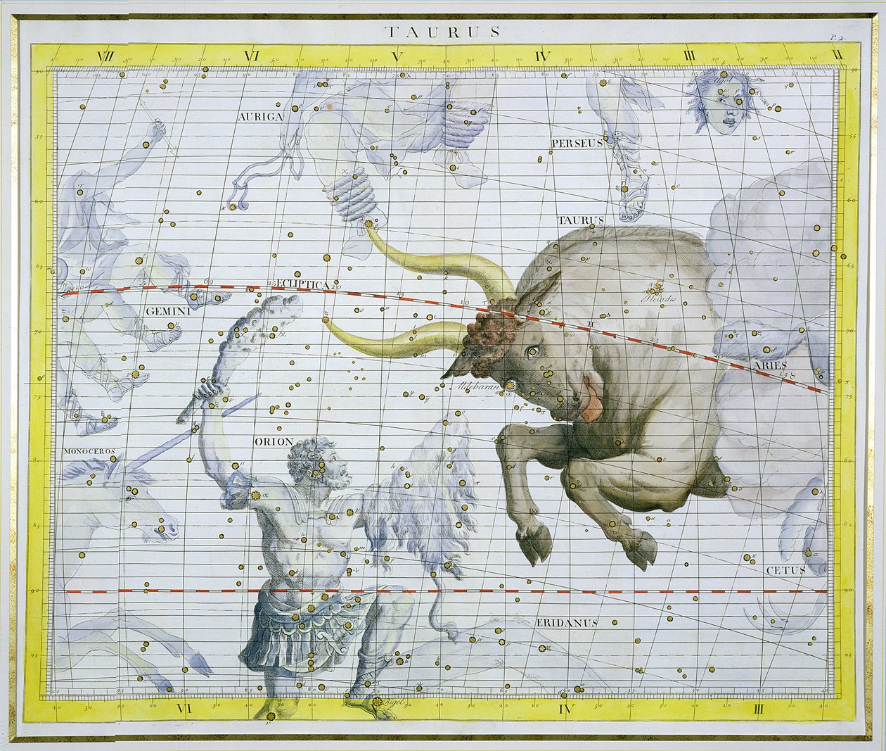 金牛座，来自&39;Atlas Coelestis&39;的2号板，John Flamsteed（1646-1710），发表于1729年（手工彩色雕刻） 作者 詹姆斯·桑希尔