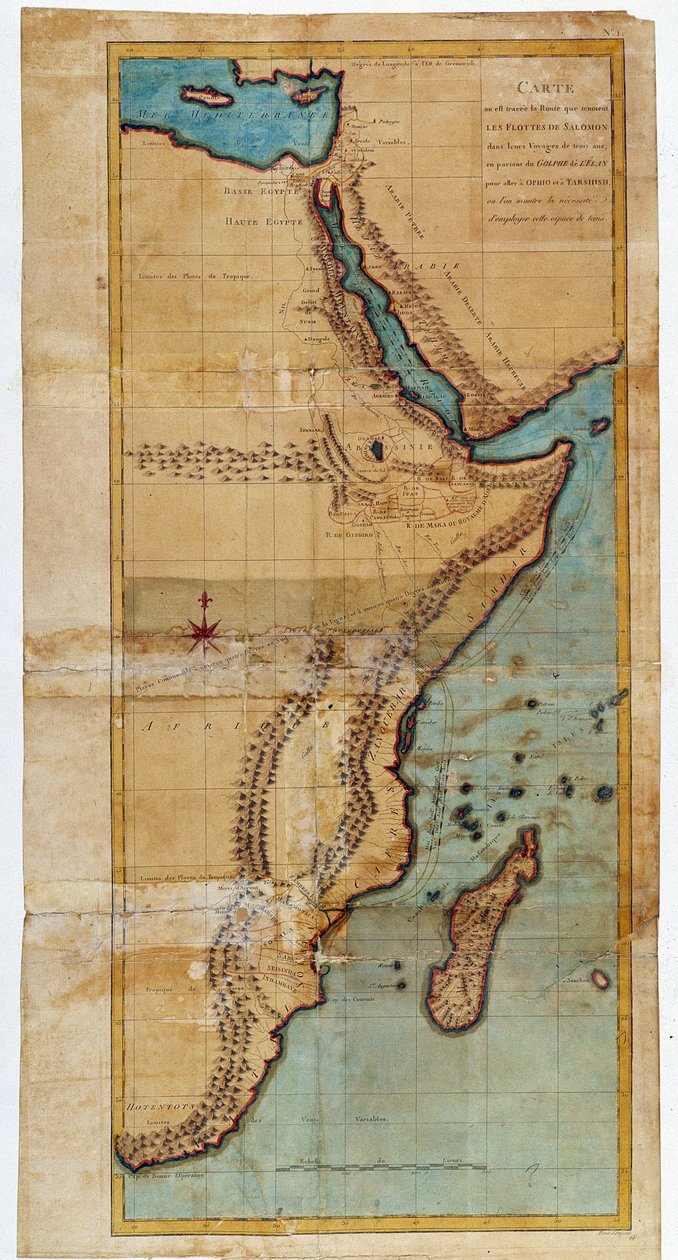 东非地图（所罗门船队走过的路线图）--载于《1768年至1772年期间为发现尼罗河源头而进行的努比亚和阿比西尼亚之旅》，作者是詹姆斯-布鲁斯，巴黎 作者 詹姆斯·布鲁斯