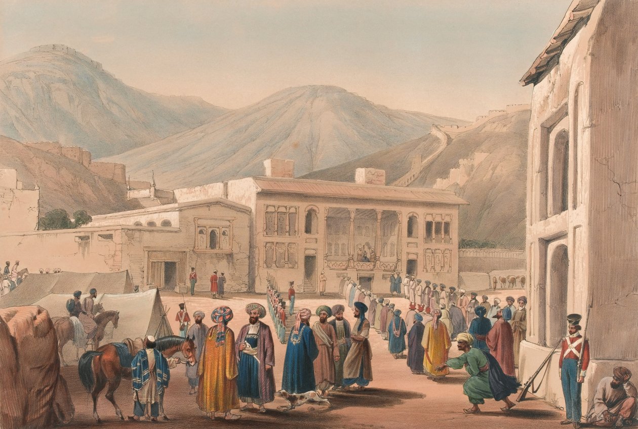 Shah Shoojah-ool-Moolk的Durbar-Khaneh，在Cabaul[原文如此]，约1840年（石版画，着色）。 作者 詹姆斯（后）阿特金森