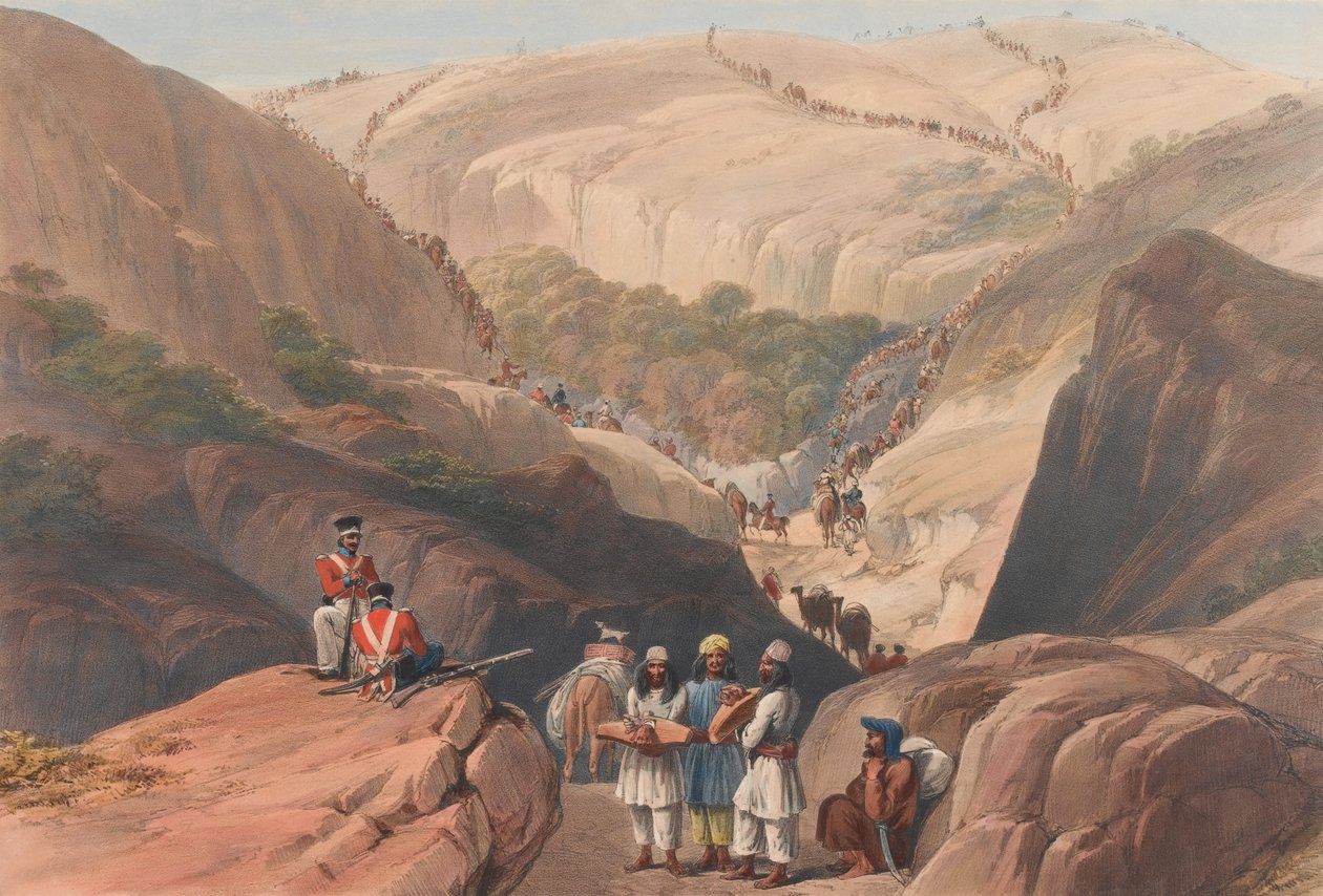 第一次下山通过库贾[原文如此]山口，约1839年（石版画，着色）。 作者 詹姆斯（后）阿特金森