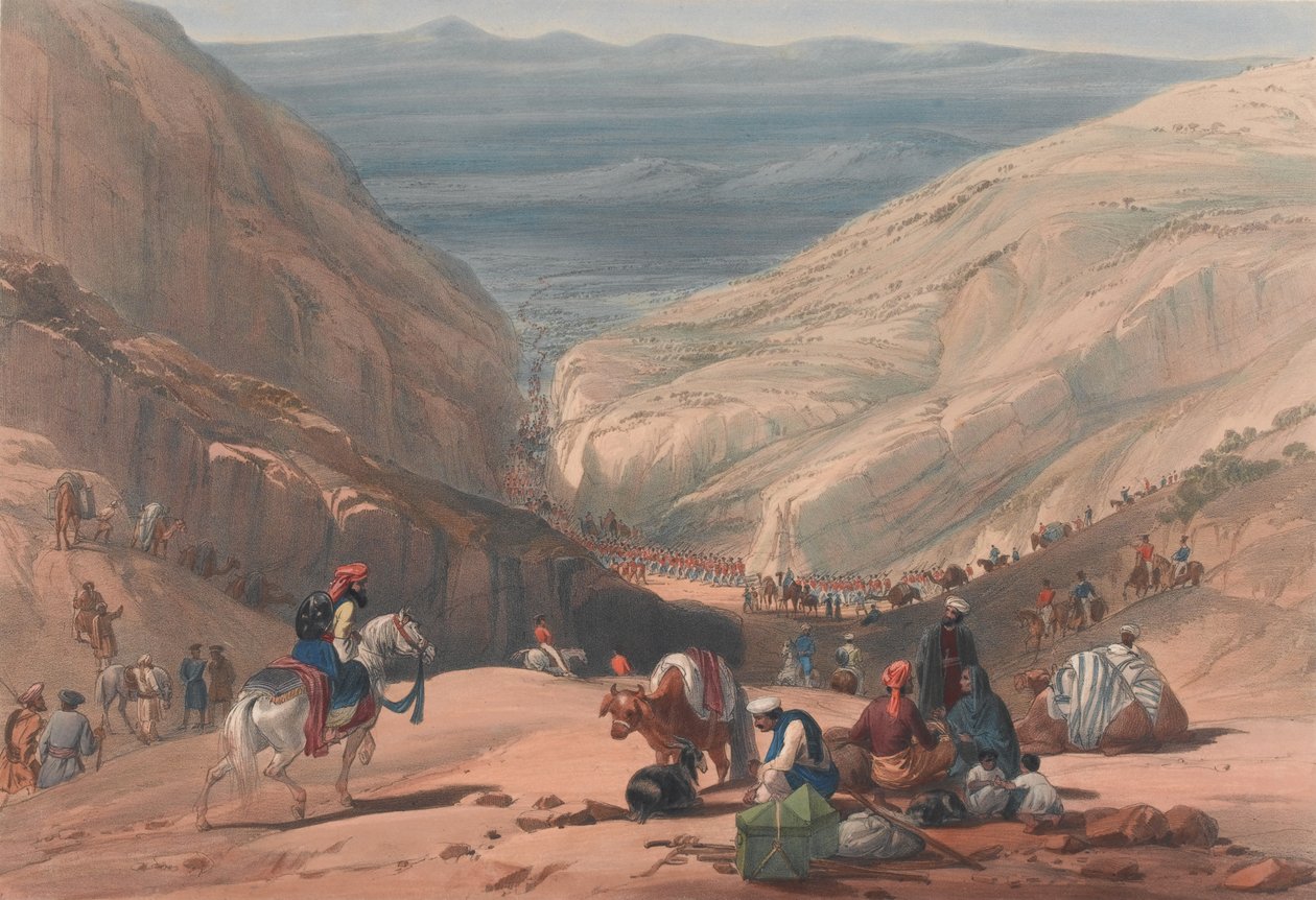 第二次下山通过库贾[原文如此]山口，约1839年（石版画，着色）。 作者 詹姆斯（后）阿特金森