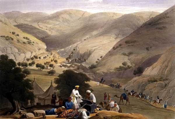 库贾山口的第三次下山，出自《阿富汗素描》，由查尔斯-哈格（1810-88）和路易斯-哈格（1806-85）雕刻，由亨利-格雷夫斯出版。 作者 詹姆斯（后）阿特金森