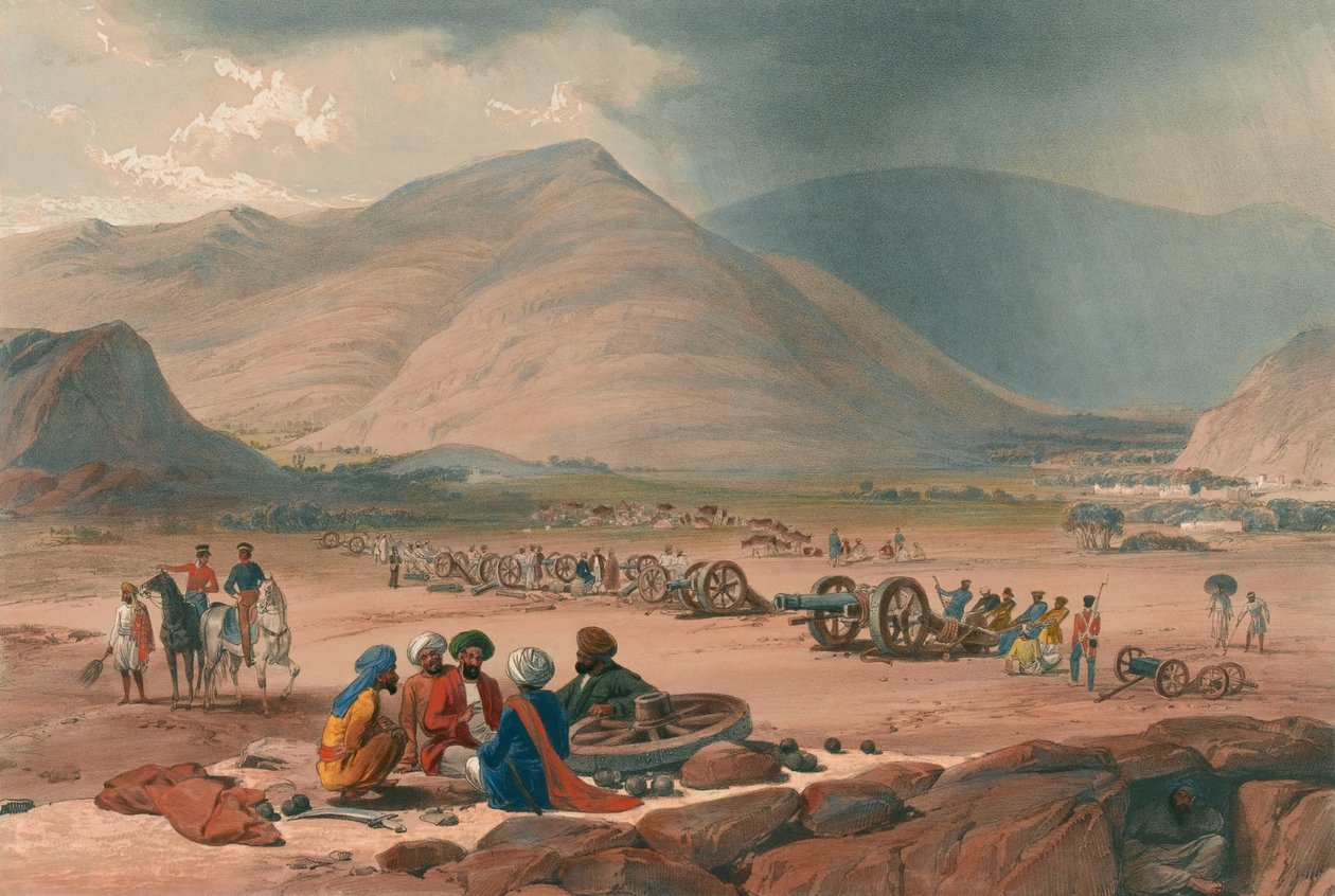 Urghundee村，约1839年（石版画，着色）。 作者 詹姆斯（后）阿特金森