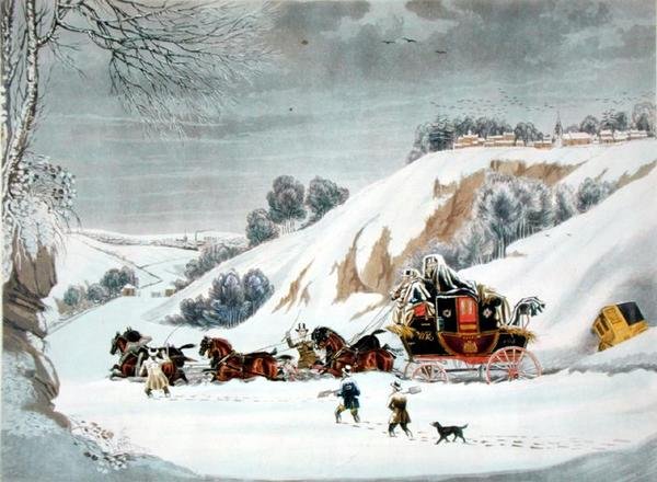 深雪中的邮件，由乔治-亨特雕刻（彩色平印）。 作者 詹姆斯（后）波拉德