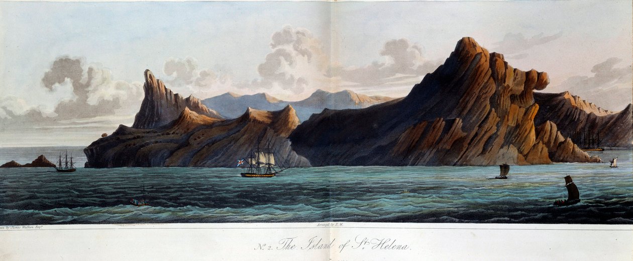 19 世纪圣海伦岛 (Sainte-Helene) 的景色。 James Wathen 的水彩画（卒于 1828 年）巴黎，Musee de l