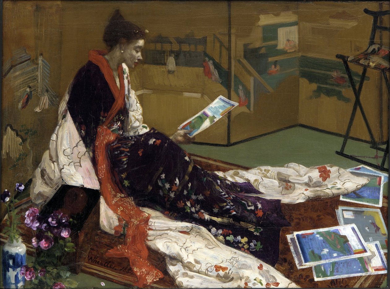 "Caprice en pourpre et or : le paravent dore "身着日式和服的年轻女子正在观看版画--（Japonisme） 詹姆斯-阿博特-麦克尼尔-惠斯勒（1834-1903 年）1864 年华盛顿弗利尔美术馆绘制 作者 詹姆斯·阿博特·麦克尼尔·惠斯勒