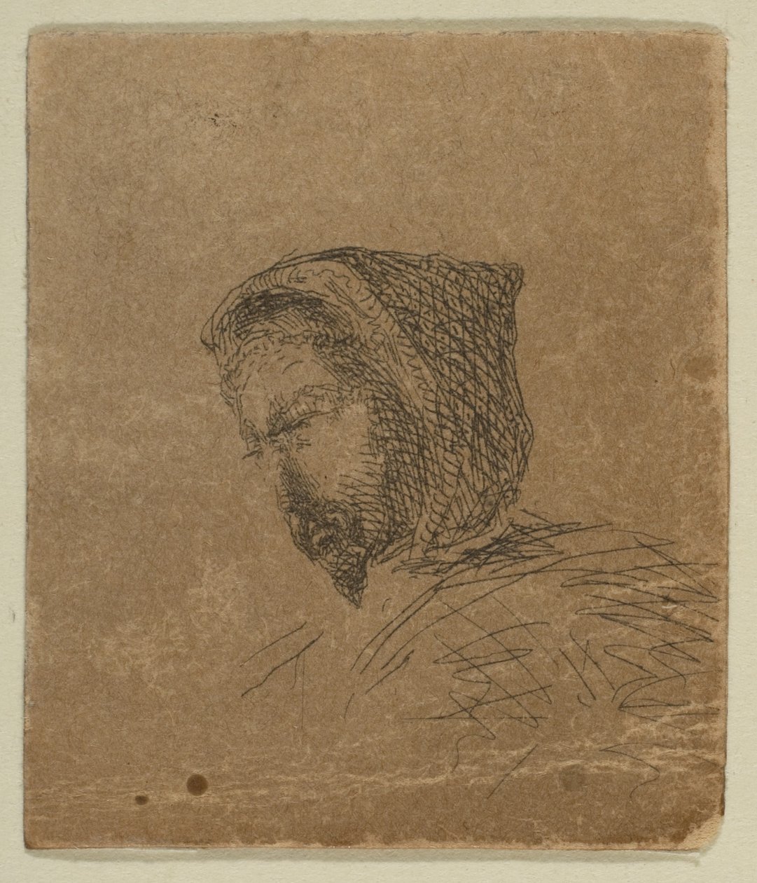 连帽的男性头像，来自海岸勘测板上的素描，1854-55年。 作者 詹姆斯·阿博特·麦克尼尔·惠斯勒