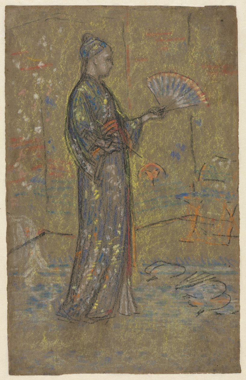日本女人画风扇，约1872年（黑色粉笔和粉彩） 作者 詹姆斯·阿博特·麦克尼尔·惠斯勒
