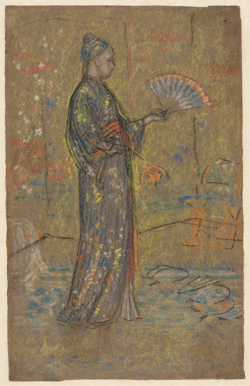 日本女人绘画风扇直肠，站立的女人举起她的衣服，左，c。 1872年。 作者 詹姆斯·阿博特·麦克尼尔·惠斯勒
