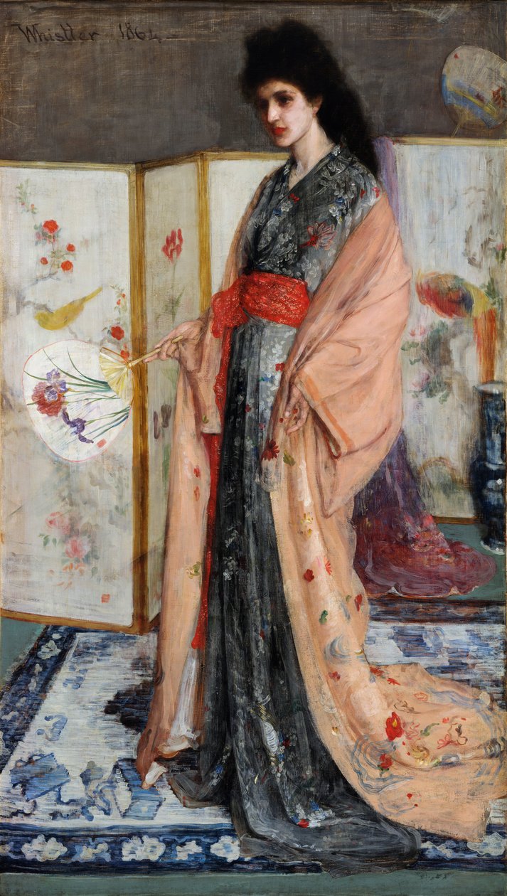 "玫瑰与银器：来自瓷器之国的公主 年轻女子身着和服，具有日本风格，身后是日本折叠屏风（Japonisme） 詹姆斯-阿伯特-麦克尼尔-惠斯勒（1834-1903 年）1864 年的绘画作品 Freer 作者 詹姆斯·阿博特·麦克尼尔·惠斯勒