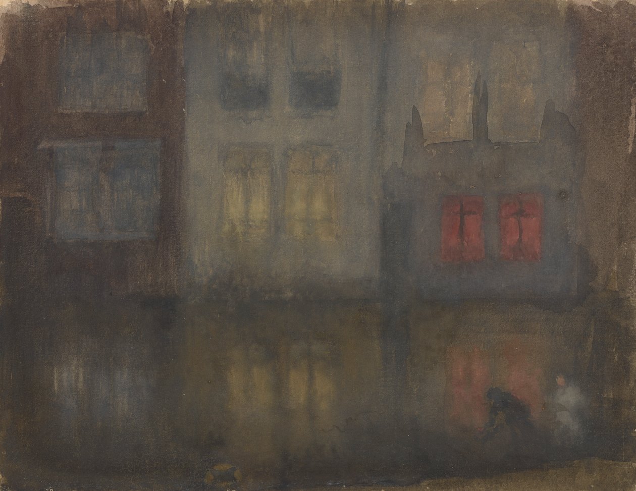 夜曲》：黑与红背部运河，荷兰，1882年。 作者 詹姆斯·阿博特·麦克尼尔·惠斯勒