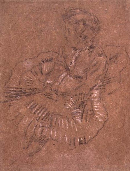 PD.67-1959 穿着大裙子的坐着的女孩（埃莉诺-莱兰的研究）约1870-80（棕色纸上的黑白粉笔）。 作者 詹姆斯·阿博特·麦克尼尔·惠斯勒