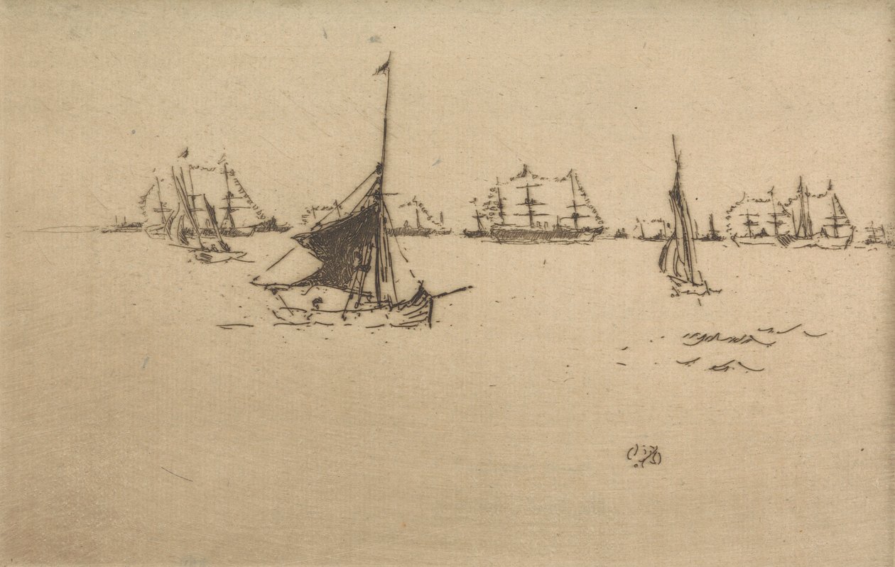 舰队：晚上，来自1887年题为“海军评论”的十二幅版画 作者 詹姆斯·阿博特·麦克尼尔·惠斯勒