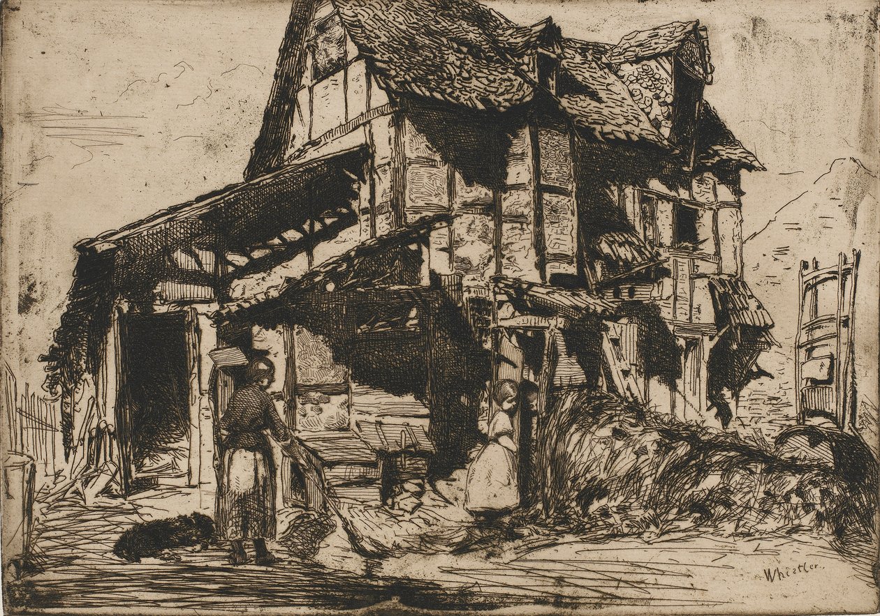 不安全的房舍。十二幅自然蚀刻画中的一幅。法国套装，1858年。 作者 詹姆斯·阿博特·麦克尼尔·惠斯勒