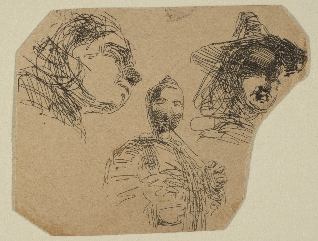 两个女性头像和站立的人物，来自海岸勘测图版上的草图，1854-55。 作者 詹姆斯·阿博特·麦克尼尔·惠斯勒