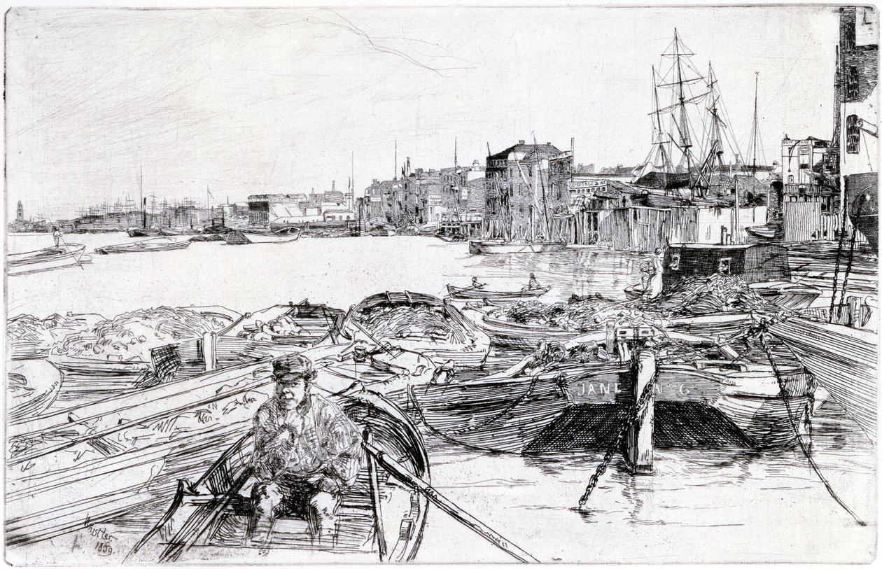 1859 年伦敦盆地上的泰晤士河景色（英国），属于泰晤士河系列版画，突出了英国首都的海运工人群体 作者 詹姆斯·阿博特·麦克尼尔·惠斯勒