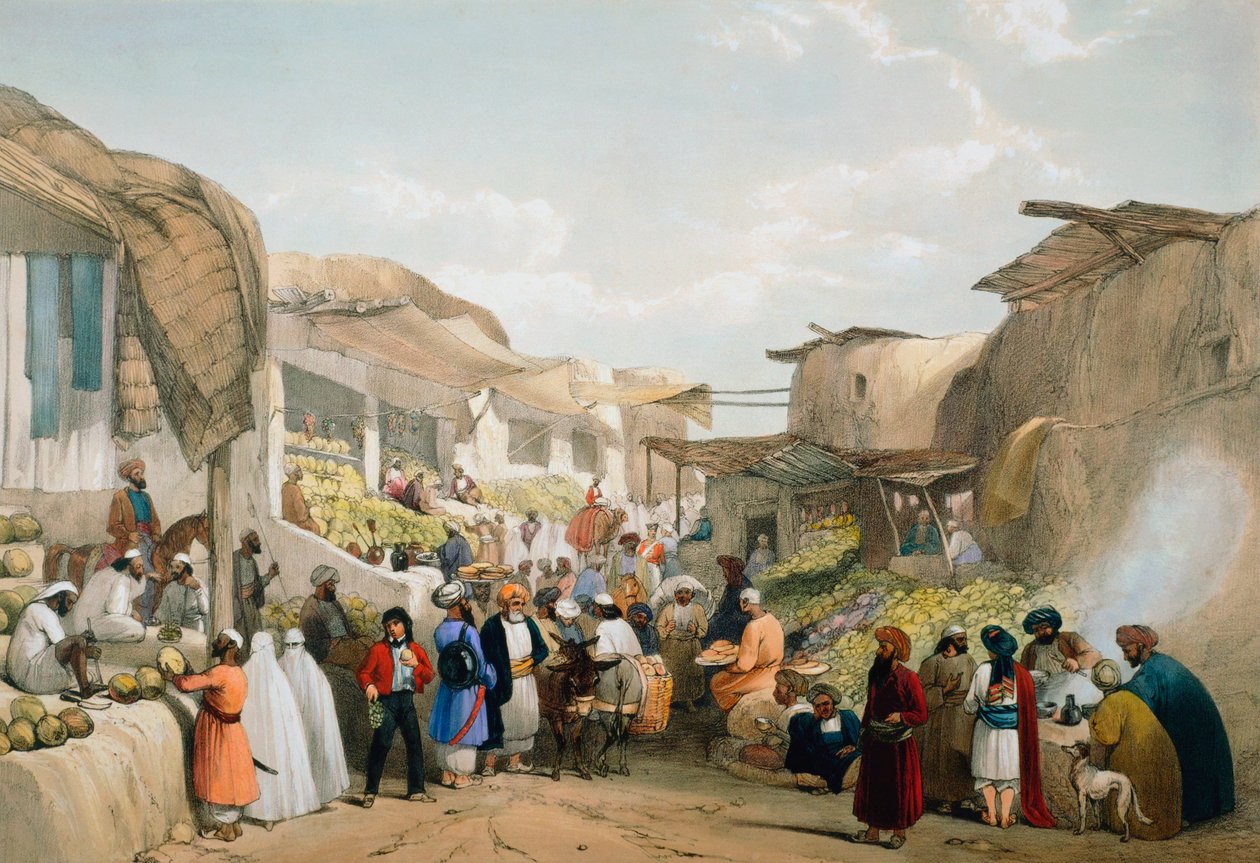 1838年至1842年在第一次阿富汗-阿富汗战争的水果季节期间，喀布尔集市 作者 詹姆斯·阿特金森
