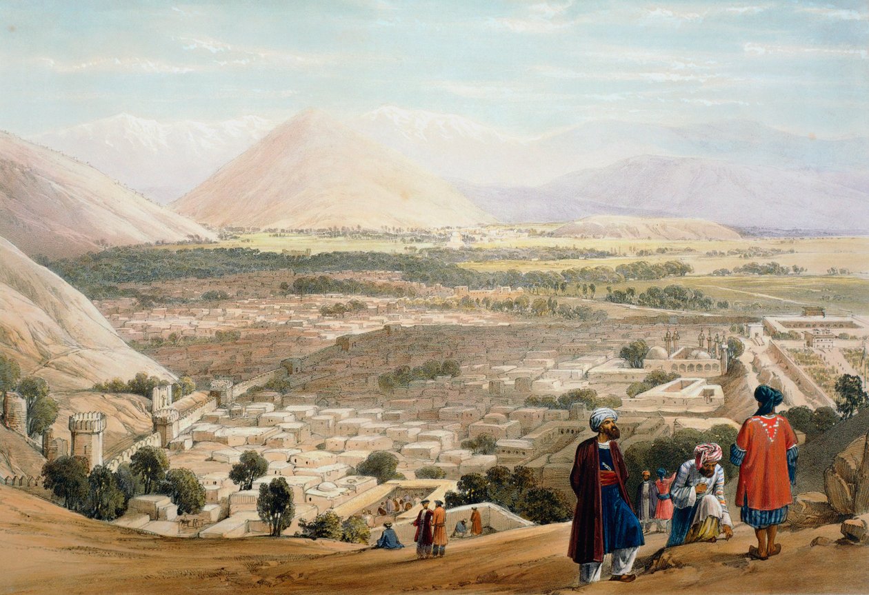 来自城堡的喀布尔，展示了古老的城墙，第一次英阿战争（1838-1842） 作者 詹姆斯·阿特金森