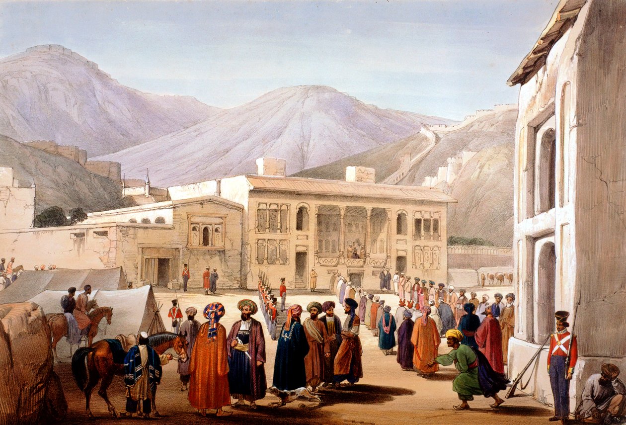1838-1842年第一次英阿战争期间，英国的傀儡沙赫-肖贾在喀布尔举行集会。 作者 詹姆斯·阿特金森