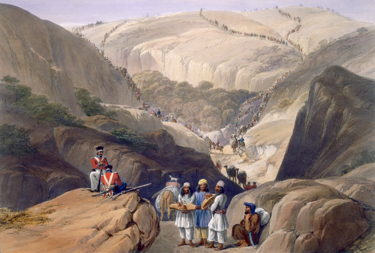 通过Koojah Pass的第一个下降，来自&39;Afghaunistan的草图&39;，由Charles Haghe（1810-88）和Louis Haghe（1806-85）雕刻，由Henry Graves出版，1842年 作者 詹姆斯·阿特金森