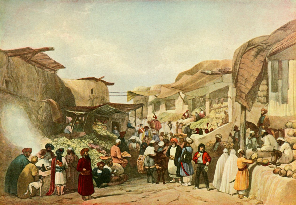 1901年，c1840年，水果季节在喀布尔集市上的大街。 作者 詹姆斯·阿特金森