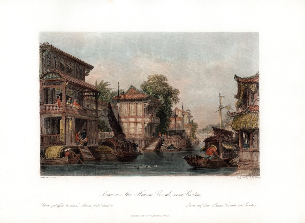 中国广州附近的河南运河现场，c1840。 作者 詹姆斯·艾伦