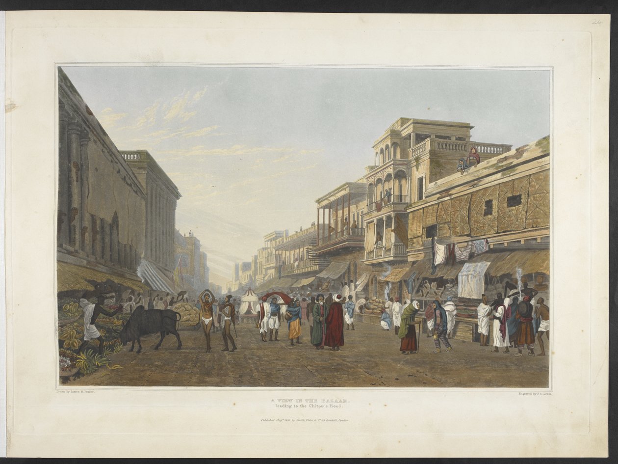 1826 年《加尔各答及其周边景观》中通往 Chitpore 路的集市景观（手绘水印版画） 作者 詹姆斯·贝利（后）弗雷泽