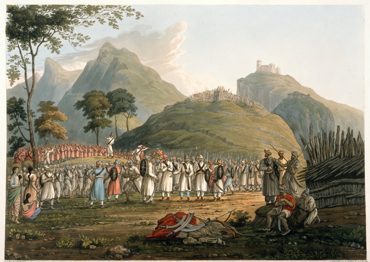 廓尔喀人的组合，选自《喜马拉雅山脉的景色》，由 Robert Havell  Son 公司雕刻，1820 年出版（彩色雕版）。 作者 詹姆斯·贝利（后）弗雷泽