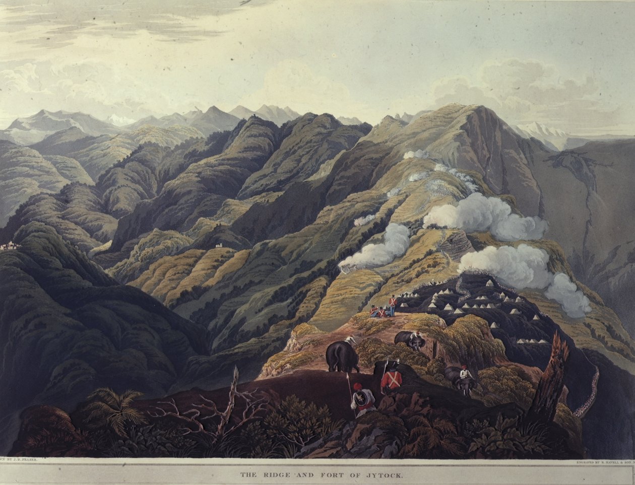 杰托克山脊和堡垒，选自《喜马拉雅山脉景观》，罗德维尔和马丁出版社印刷 作者 詹姆斯·贝利（后）弗雷泽