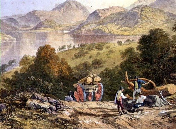 Ullswater，一个樵夫的车的细节，来自《英国湖区》。 作者 詹姆斯·贝克（之后）佩恩