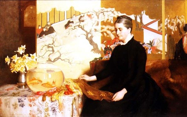 带着日本屏风和金鱼的女士（艺术家母亲的画像 作者 詹姆斯·卡登黑德