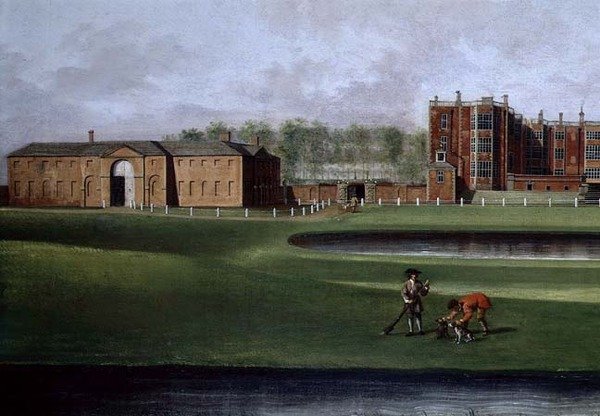 坦普尔-纽森之家的景观，骑马学校的细节，约1750年（布面油画）（另见128852）。 作者 詹姆斯·查普曼