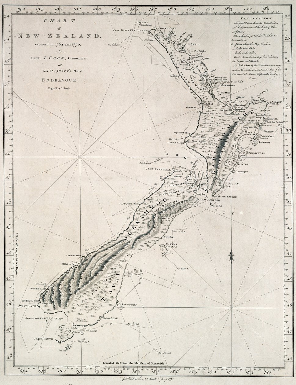 新西兰海图，1769 年和 1770 年由国王陛下的奋进号中尉 J.Cook 勘探绘制 作者 詹姆斯·库克