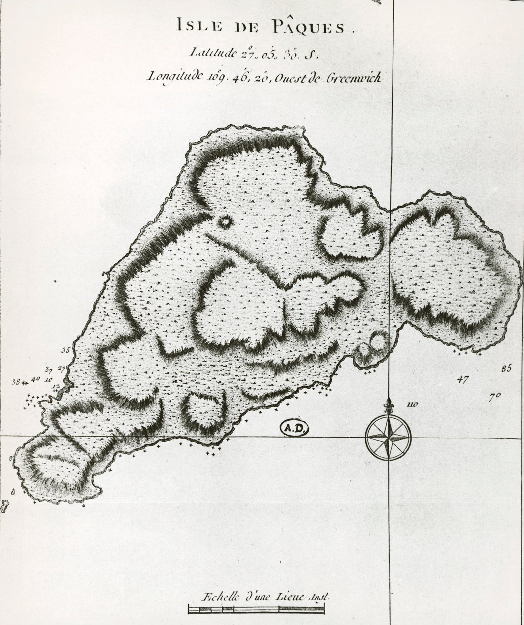 复活节岛，来自詹姆斯-库克的《旅行地图》。 作者 詹姆斯·库克