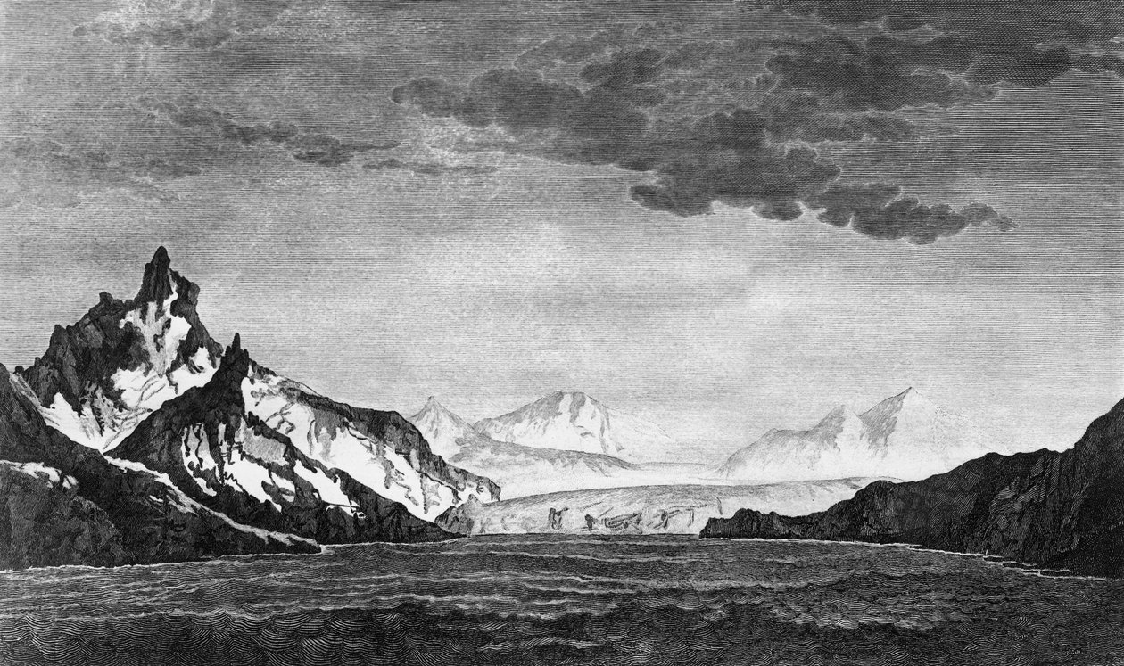南乔治亚岛占有湾的风景，插图选自詹姆斯-库克（1728-1779 年）的《南极和环球航行》，1778 年巴黎出版的版本 作者 詹姆斯·库克