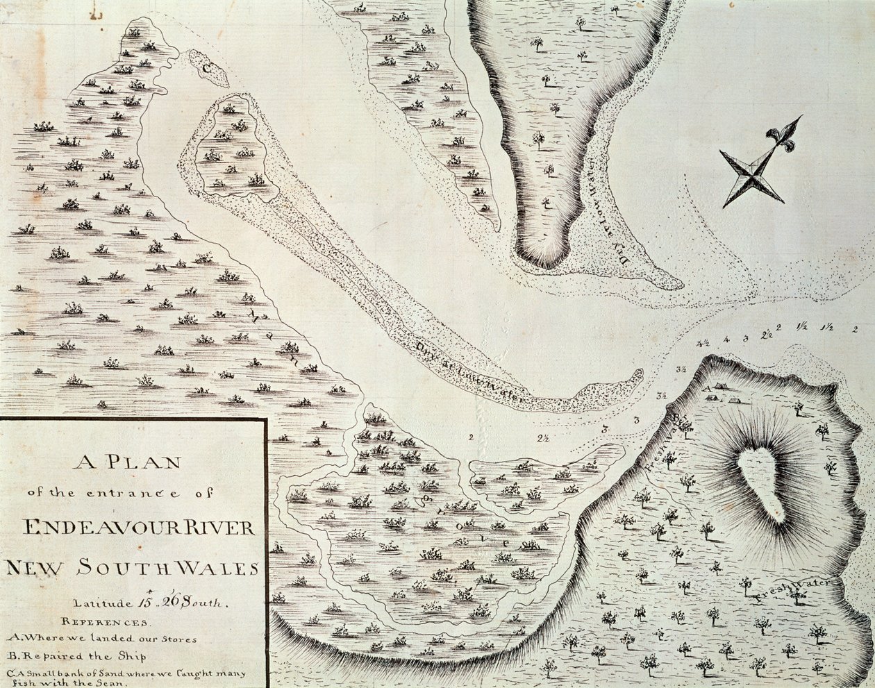 奋进河入口的地图，来自詹姆斯-库克（1728-1779）在1768年和1771年之间带领的第一次旅行的记录，澳大利亚 作者 詹姆斯·库克
