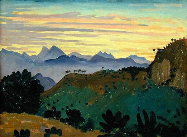 日落，Sierra da Ronda，约1912年（油画板）。 作者 詹姆斯·迪克森·英尼斯