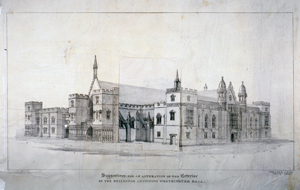 对毗邻威斯敏斯特大厅的建筑进行改建的建议，伦敦，约1825年。               作者 詹姆斯·杜菲尔德·哈丁