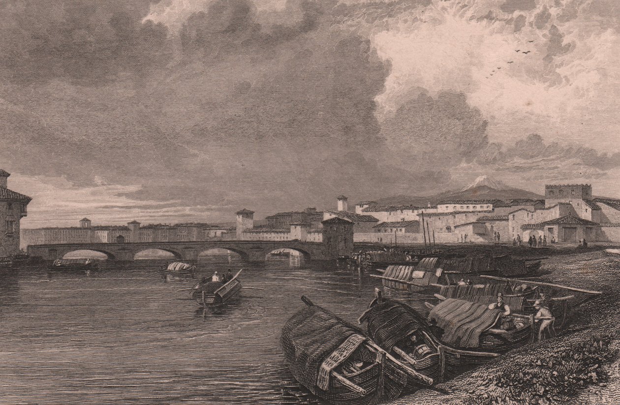 意大利托斯卡纳比萨的阿诺河景色，托马斯-海姆（1796-1844 年）根据詹姆斯-达菲尔德-哈丁（1798-1863 年）的素描绘制的钢版画 作者 詹姆斯·杜菲尔德·哈丁