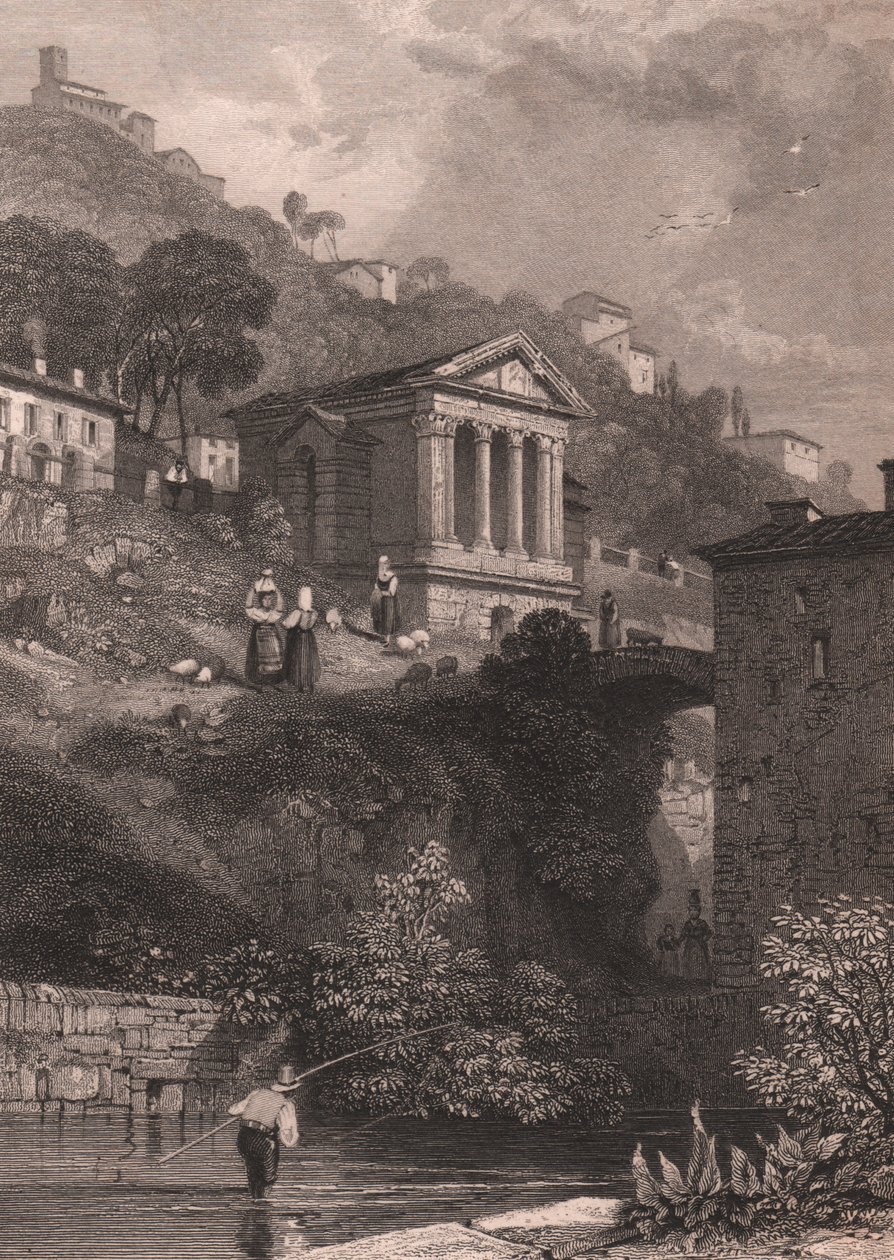 意大利翁布里亚 Campello sul Clitunno 附近沿 Clitunno 河的 Clitumnus 神庙景观，Jordan 根据 James Duffield Harding（1798-1863 年）的绘图所作的钢版雕刻，约 10、5x15 厘米 作者 詹姆斯·杜菲尔德·哈丁