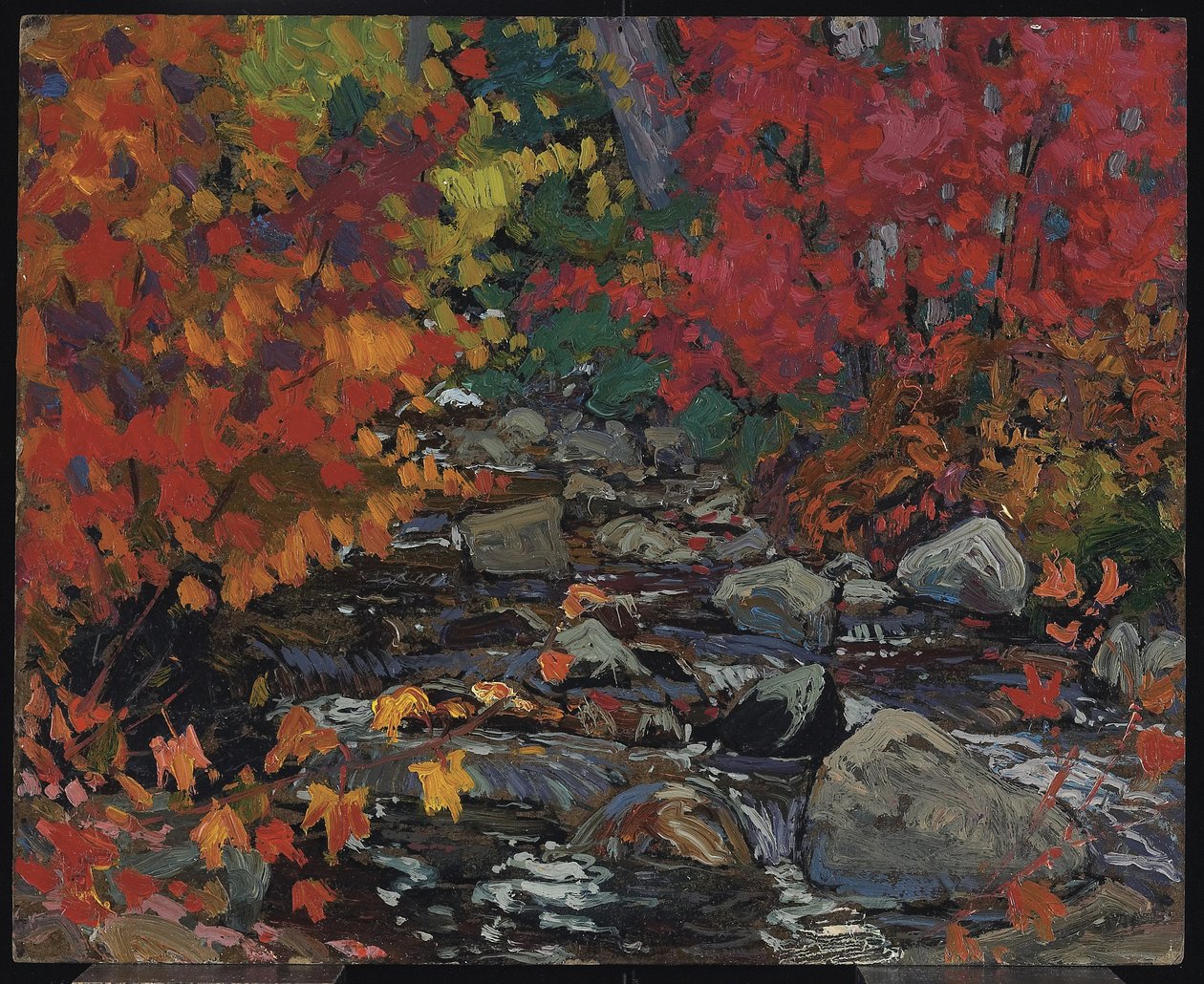 秋叶，Batchewana，Algoma，c.1919（复合木浆板上的油） 作者 詹姆斯·爱德华·赫维·麦克唐纳