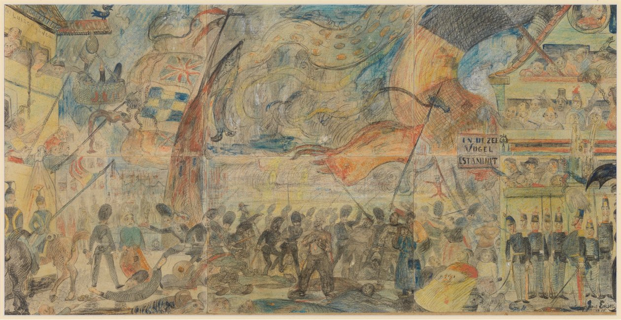罢工行动（粉笔、铅笔和粉彩画在纸上，裱在纸板上） 作者 詹姆斯·恩索尔