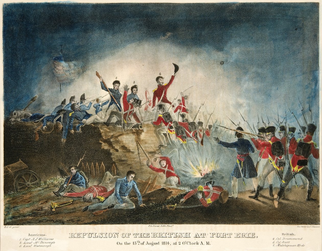 1814年8月15日凌晨2点，酒吧在伊利堡驱逐英国人。 1841年，（手工彩色雕刻） 作者 詹姆斯·富勒·皇后