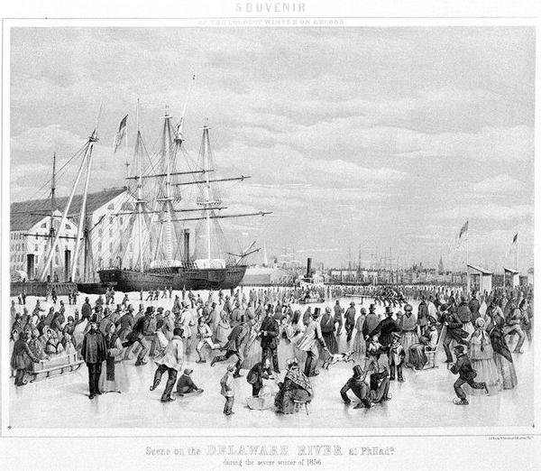 1856年严冬时费城特拉华河上的场景，约1860年（平版）（黑白照片）。 作者 詹姆斯·富勒·皇后