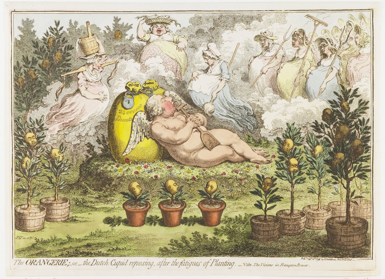 De Orangerie：荷兰丘比特，从种植的疲劳中休息，1796 年 橘园； 或荷兰丘比特在种植疲劳后休息（物体上的标题） 作者 James Gilray（艺术家签名）