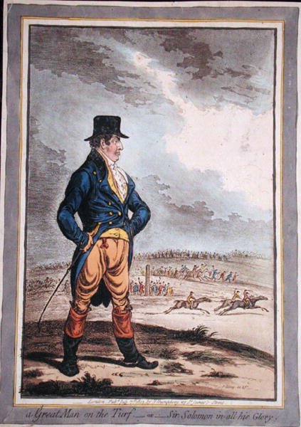 马场上的伟人，或所罗门爵士的所有荣耀！由汉娜-汉弗莱于1803年出版（手绘蚀刻画）。 作者 詹姆斯·吉里