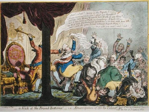 一脚踢开宽大的屁股!- 即--"所有人才的解放"，由汉娜-汉弗莱于1807年出版（手绘蚀刻版画与水印）。 作者 詹姆斯·吉里