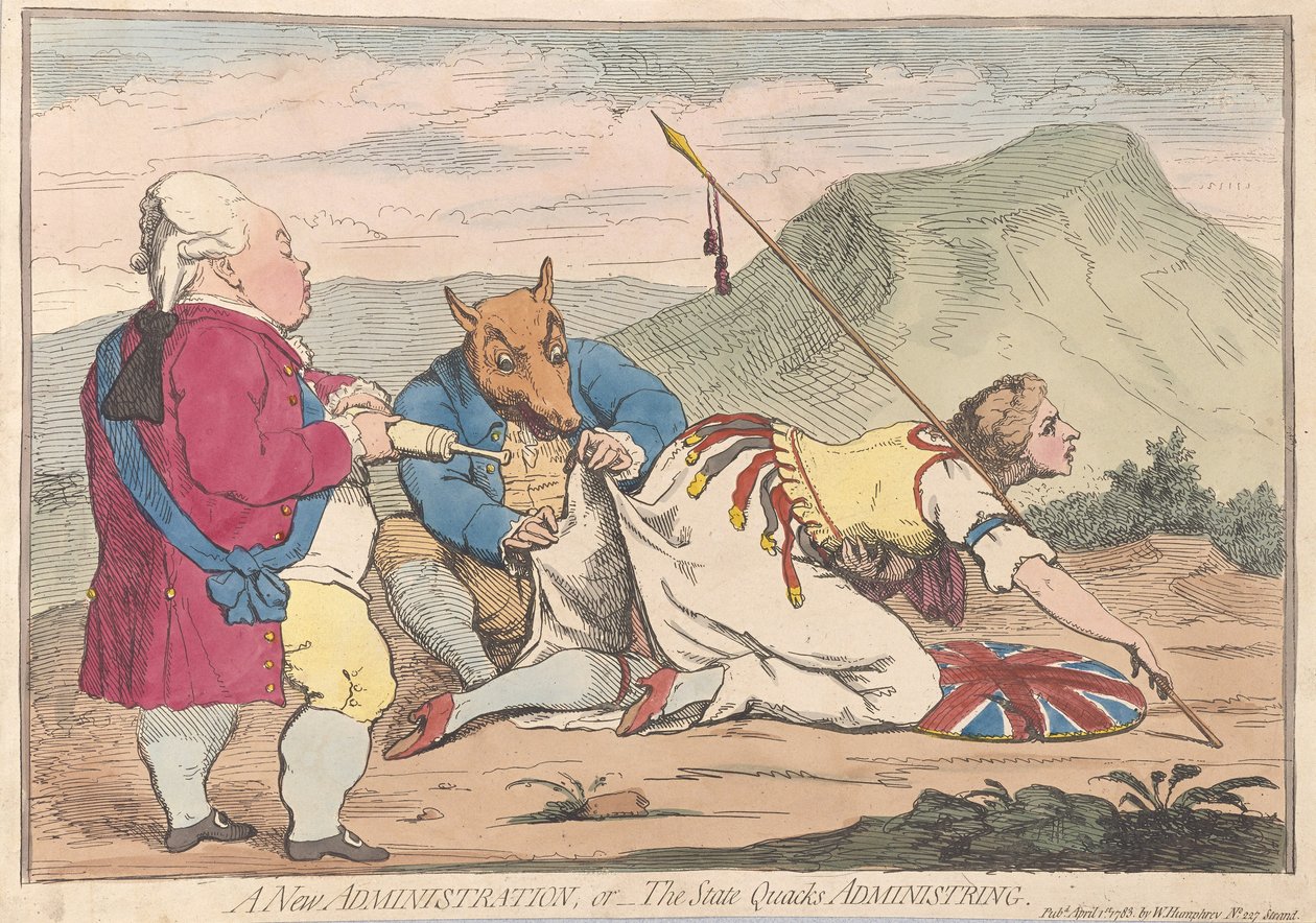 一个新的管理或状态Quacks Administring，pub。 1783年（手工彩色雕刻） 作者 詹姆斯·吉里