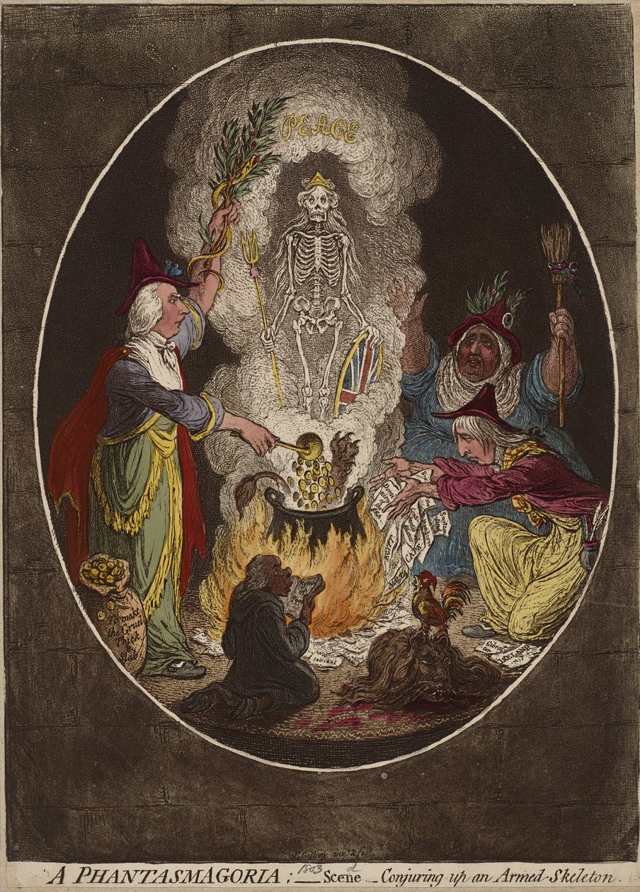 幻觉; -场景-构想一个武装的骨架，1803年1月5日（编织的纸上有手工上色的蚀刻和水彩画） 作者 詹姆斯·吉里